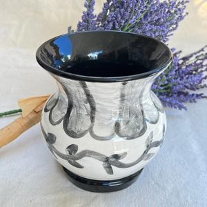 Black and White Pottery Vase with Daisies & Stripes